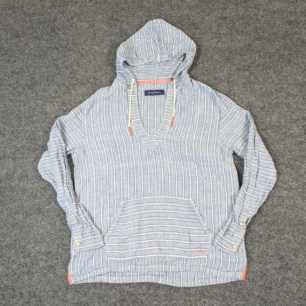 Tommy Bahama Brazillionaire Hoodie Mens L Blue White Stripe 100% Linen Marlin - Picture 4 of 12